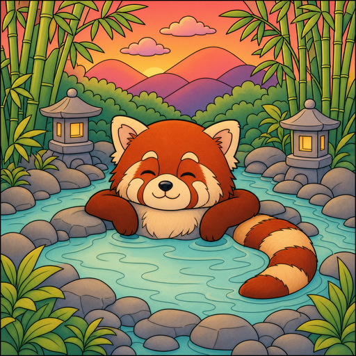Red panda relaxing in a hot spring